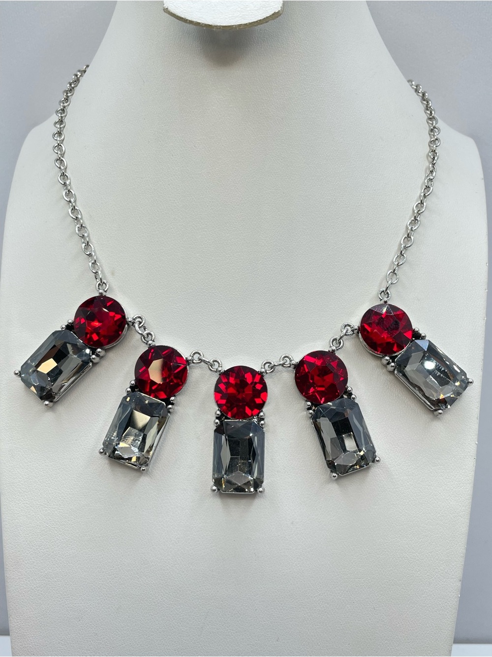 Silver Tone Red Gray Crystal Glass Statement Necklace Bold Glam Bib